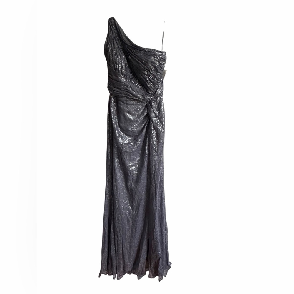 Rene Ruiz One-Shoulder Gray Sequin Evening Gown Prom Wedding Guest Gala size 10